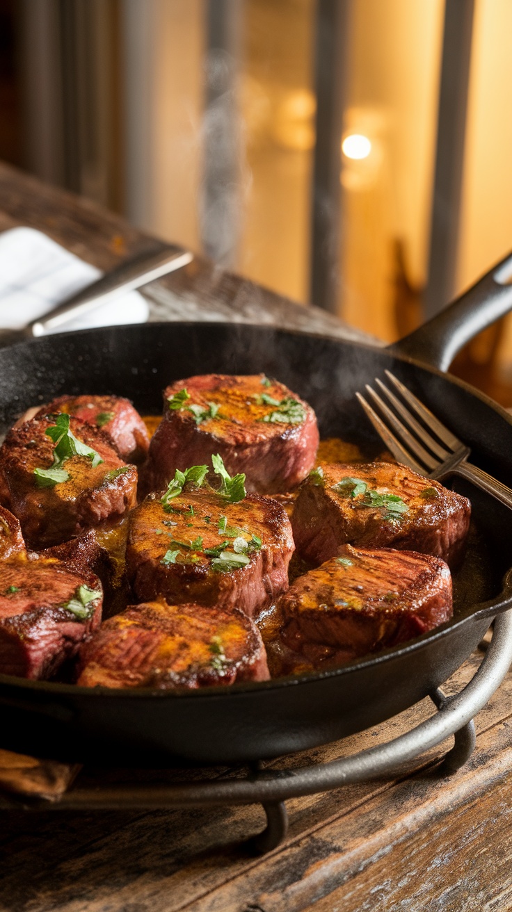 Juicy garlic butter steak bites in a skillet garnished with parsley, ready to serve.